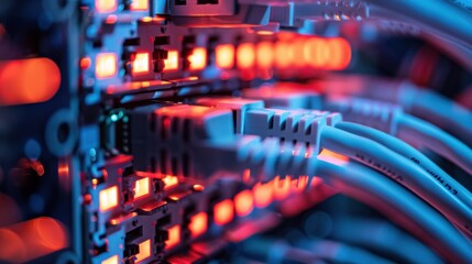 Close-up of network cables connected to a server with glowing lights. The scene illustrates modern technology and data communication.