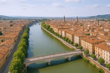 Fototapeta premium Aerial View of Verona, Italy: Adige River, Historic Buildings, and Picturesque Skyline on a Sunny Day