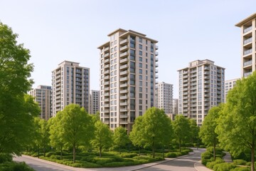 Modern Apartment Buildings with Green Spaces: Serene Urban Living Environment on a Bright Day
