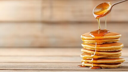 Golden syrup pouring from spoon onto stack of fluffy pancakes on rustic wooden table