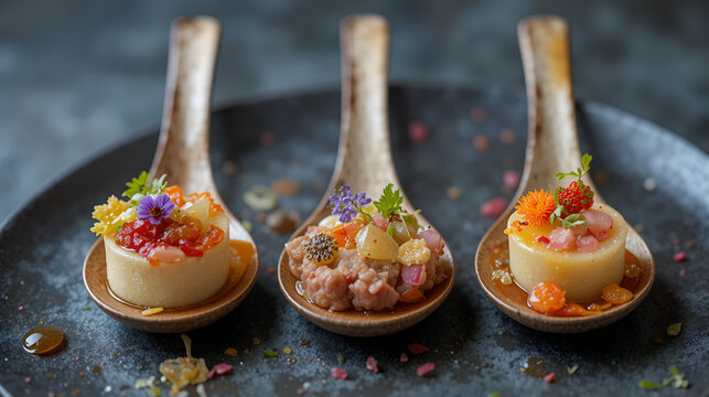 Gourmet amuse bouche trio served in tasting spoons with vibrant garnishes and elegant presentation