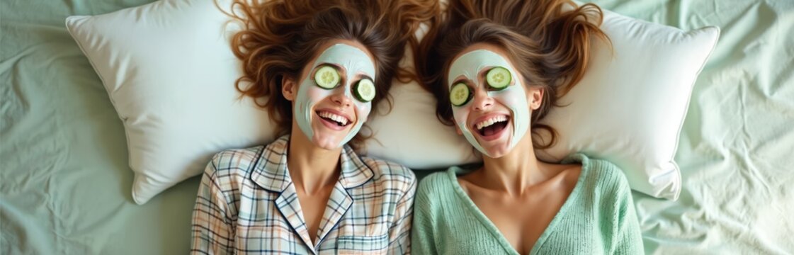 Two smiling young women lie on pillows applying face masks and cucumber slices. They laugh at home, enjoying natural beauty treatment together. Skincare routine for youthful glow. - Powered by Adobe