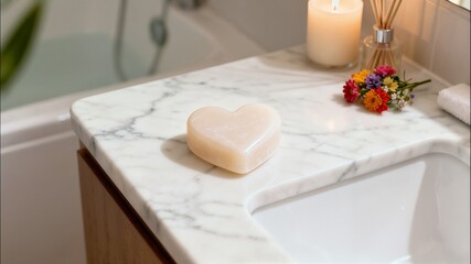 A pale, heart-shaped soap rests on a white marble countertop near a bathtub, with a lit candle and small colorful bouquet nearby.