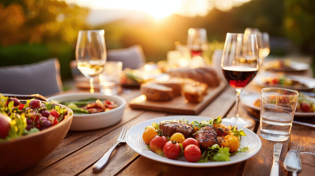 Beautiful outdoor dining scene captures essence of thanksgiving and christmas celebrations with table set for feast featuring grilled fish, fresh salads, and vibrant tomatoes