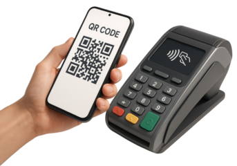 Hand holding smartphone with QR code scanning payment terminal with contactless payment symbol qr code isolated on a transparent background