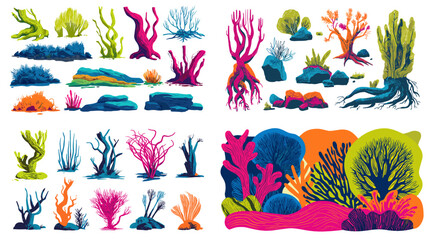 Vibrant illustration set of coral and underwater plants in bright colors, featuring detailed sea elements perfect for ocean themed designs and aquatic decoration.