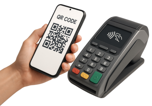 Hand holding smartphone with QR code scanning payment terminal with contactless payment symbol qr code isolated on a transparent background