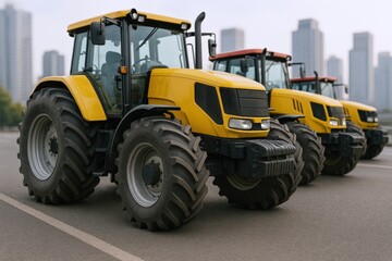 Obraz premium Lineup of Modern Yellow Tractors Against a Cityscape: Agriculture, Industry, and Transportation