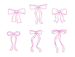 Coquette bow pink set of doodle icons. Bows and ribbons outline for hair decoration, celebration party items, gift packaging, present cards and luxury wrap pack. Isolated on white background.