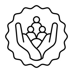 Sticker with people crowd in hands thin line icon, communication concept. Vector graphics. Quality of service sticker, seal sign on white background, style icon mobile or web design.