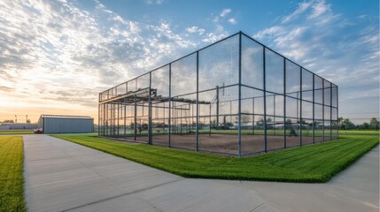 Obraz premium Baseball Cage Facility at Sunset with Sky and Clouds, Training and Sports Field Complex View