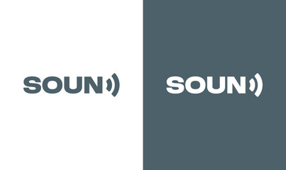 Minimalist  SOUND  typography logo with audio wave symbol, modern sans-serif design, clean branding concept on light and dark backgrounds.