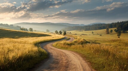 Scenic Countryside Road Leading to Distant Hills Under Cloudy Sky During Golden Hour