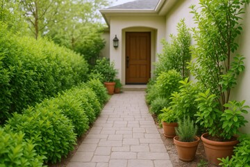 Fototapeta premium Inviting Home Entrance with Lush Greenery, Potted Plants, and Stone Pathway Leading to a Wooden Door