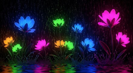 Vibrant neon glowing flowers blooming in the dark with reflections on water