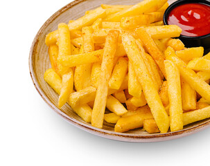 Plates of crispy golden fries served with a small bowl of ketchup