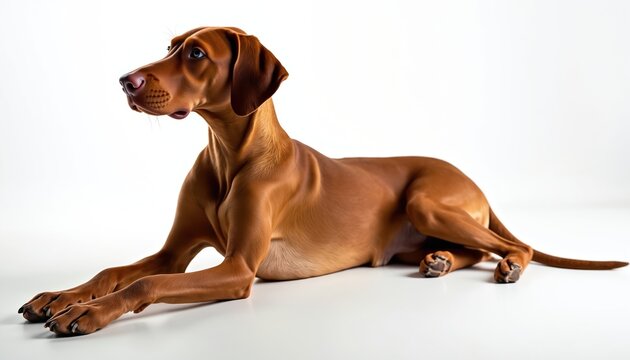 Hungarian hound pointer vizsla rests on a white background. The adult dog displays a calm and happy expression. This image is perfect for pet-related content or animal welfare campaigns.