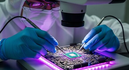 Scientist in protective gear and magnifying glasses working on a microchip with tweezers under purple light