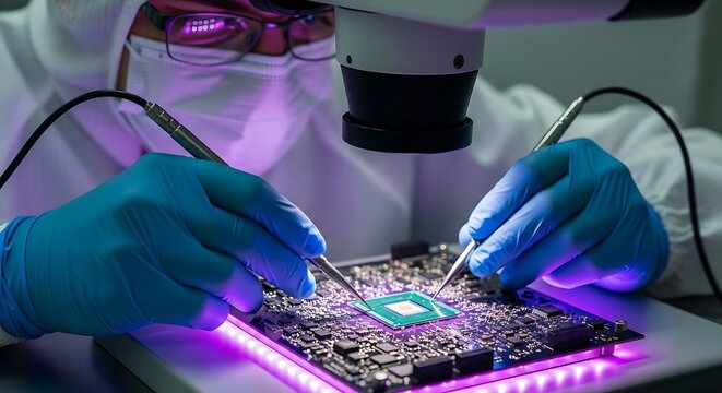 Scientist in protective gear and magnifying glasses working on a microchip with tweezers under purple light