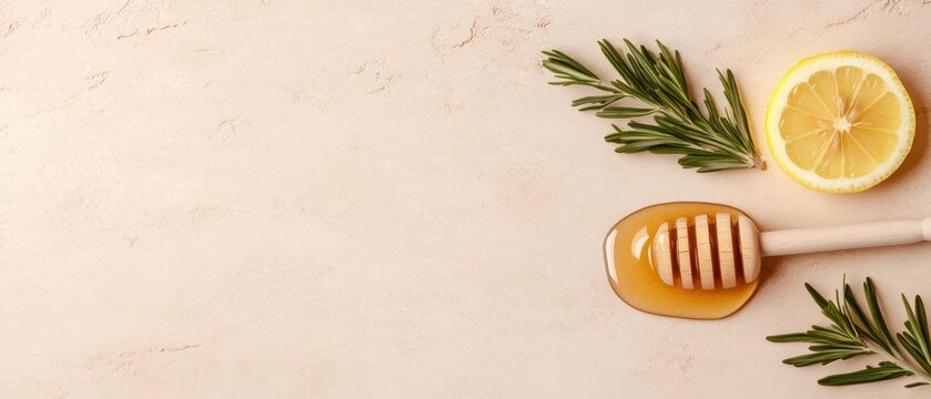 Fresh sweet golden honey dripping from wooden dipper near vibrant green rosemary sprigs and bright yellow lemon slice on light beige textured background surface.