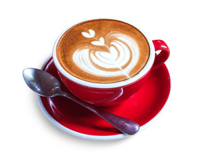 Hot coffee cappuccino latte art with small heart design in cup with small spoon on red plate placed isolated on transparent background or png file.