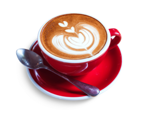 Hot coffee cappuccino latte art with small heart design in cup with small spoon on red plate placed isolated on transparent background or png file.