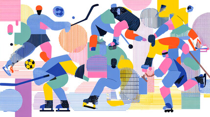 Vector illustration of a sports team, with multiple players in different poses playing hockey