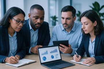 Diverse Business Team Analyzing Data Charts and Graphs on Laptop, Collaborating on Strategy and Planning