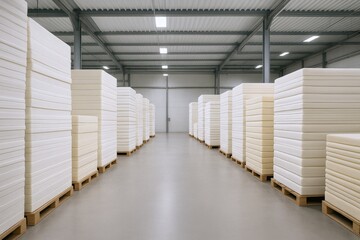 Warehouse Storage of Stacked Foam on Pallets Ready for Distribution and Shipping to Customers