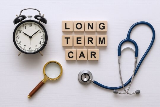 Long Term Care Arrangement Concept Displayed with Clock, Stethoscope, and Magnifying Glass on White Background