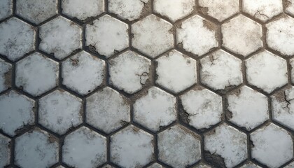 Close-up of weathered hexagonal tile floor. White tiles cracked, dirty with dark grout. Surface worn, damaged with visible signs of aging. Hexagonal pattern creates mosaic texture. Grey, dirty
