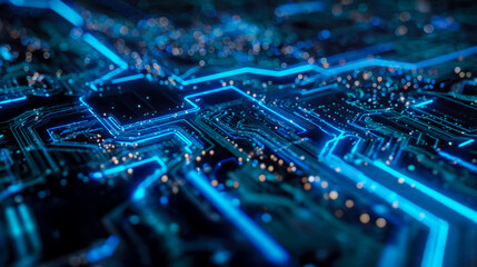 Close-up of illuminated circuit board with glowing blue pathways and data points