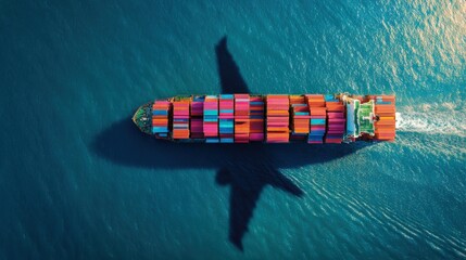 Fototapeta premium Cargo Container Ship Sailing on Blue Sea: Global Trade, Distribution, and Logistics Aerial View
