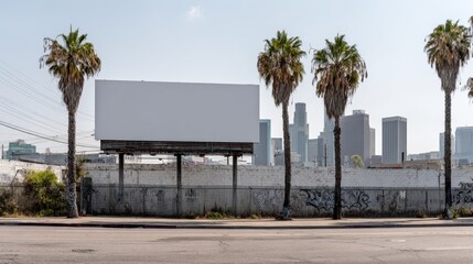 Obraz premium Blank Billboard in Urban Landscape with Palm Trees and City Skyline Backdrop for Advertising