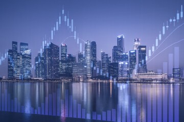 Cityscape at Night with Financial Chart Overlay: Business, Investment, and Economic Growth Concept
