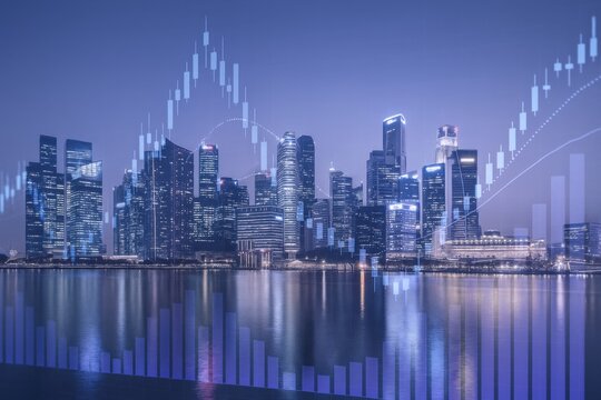 Cityscape at Night with Financial Chart Overlay: Business, Investment, and Economic Growth Concept - Powered by Adobe