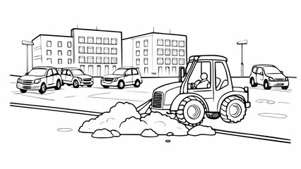 Small tractor clearing snow from parking lot in urban area with buildings and vehicles around