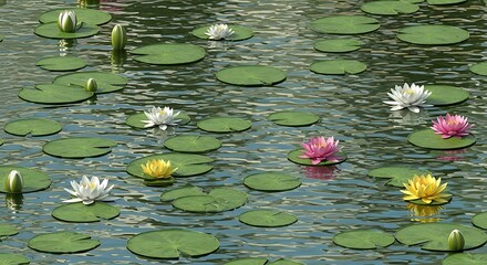 Vibrant water lilies bloom in a tranquil pond with rippling water and green lily pads