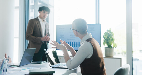 Presentation, discussion or businessman in office with question, stats review or screen for b2b...