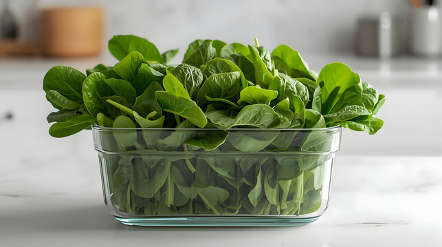Fresh, vibrant green lettuce leaves overflowing from a clear glass container, ready for preparation.