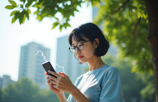Young Asian woman in glasses uses smartphone in city park to trade on stock market. Female investor analyzes financial graph for crypto trading. Girl manages investments watches falling chart on
