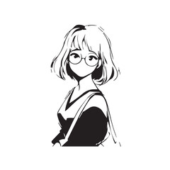 Beautiful Kawaii Girl Black and White Vector Illustration in Cute Simple Line Art Style