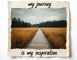 Wooden boardwalk path leads through dry golden grass field toward dark pine forest under cloudy sky. Photo framed by torn paper shows quote journey inspiration, new life direction, personal growth,