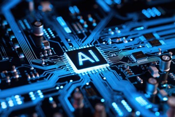 A high-tech AI chip surrounded by glowing blue circuitry, emphasizing digital connections, futuristic hardware, and powerful processing technology in a modern electronic environment.