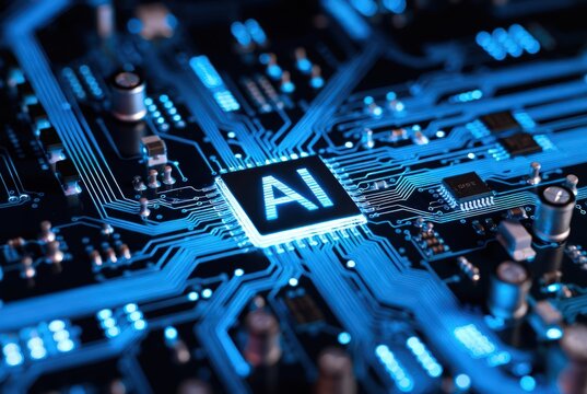 A high-tech AI chip surrounded by glowing blue circuitry, emphasizing digital connections, futuristic hardware, and powerful processing technology in a modern electronic environment.