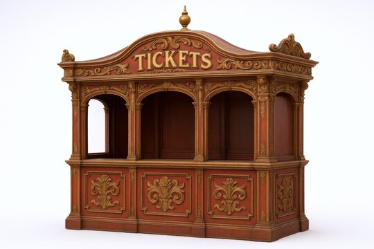 Ornate Vintage Ticket Booth Kiosk Isolated on White, Representing Entertainment, Events, and Nostalgia