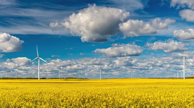 Wind Turbines Over a Yellow Field of Flowers Under a Partly Cloudy Blue Sky