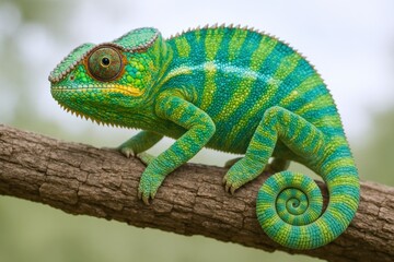 Obraz premium Colorful Chameleon Perched on a Branch, Detailed Scales and Vibrant Green and Yellow Pattern