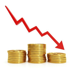 3d falling stock market graph with coins isolated on transparent background