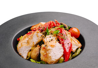 Delicious grilled chicken salad with vegetables and herbs served in modern dish
